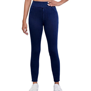 These high-waisted women's jeggings are form-fitting and made from a stretchy black fabric, offering a versatile style that pairs well with various outfits for both 0