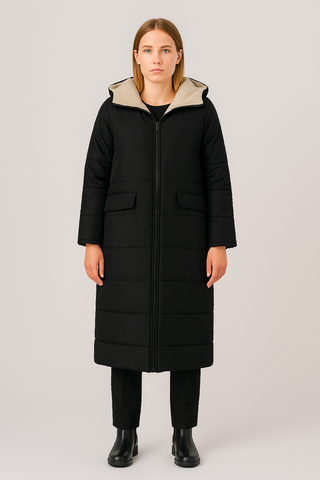 Damen Mantel – Langer Woll-Look mit Kapuze, Warm & Lässig