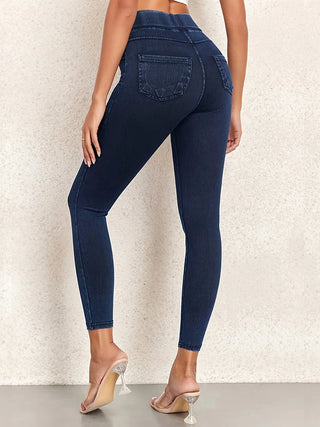 These women's black high-waisted jeggings are form-fitting and versatile, made from a comfortable stretch material that flatters the silhouette, perfect for casual or 0