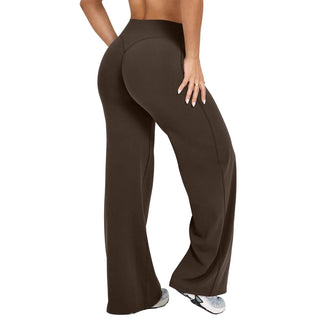 A pair of women's yoga pants featuring a wide-leg design for comfort and versatility, made from a soft, stretchy fabric suitable for various activities, combining both 0