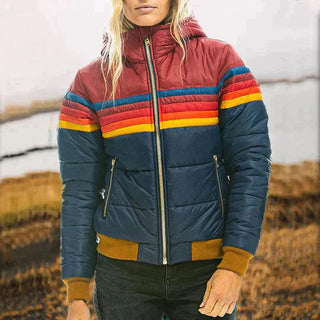 A women's retro puffer jacket, crafted from warm, insulated material, featuring a trendy design with bold colors and a stylish silhouette, perfect for staying cozy 0