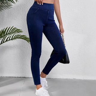 These women's high-waisted jeggings are form-fitting and made of stretchy black fabric, offering a versatile style that easily pairs with various tops for casual or 2