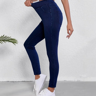 These women's high-waisted jeggings are figure-hugging and made from a stretchy black fabric, offering a versatile style suitable for various casual or semi 3