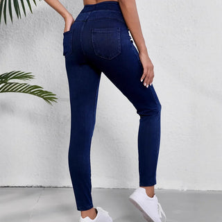 These women's high-waisted jeggings are figure-hugging and made from a stretchy black fabric, offering a versatile style that pairs well with various outfits 4