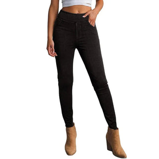 A pair of women's high-waisted black jeggings made from a stretchy, figure-hugging material, offering a versatile style perfect for both casual and 5