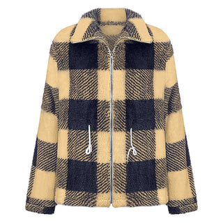 Damen-Karierte Plüschjacke – Mit Reißverschluss, Gemütlich & Trendig