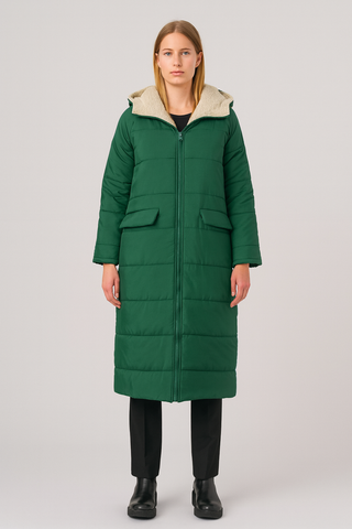 Damen Mantel – Langer Woll-Look mit Kapuze, Warm & Lässig