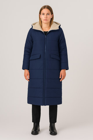 Damen Mantel – Langer Woll-Look mit Kapuze, Warm & Lässig