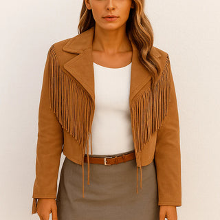 Damen Jacke – Wildlederoptik, Tailliert & Mit Fransen