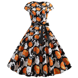 Damen Halloween Kleid – Kürbis-Print, Charmant & Festlich