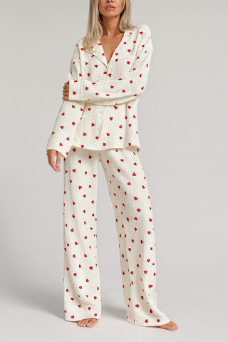 Damen Pyjama Set – Herzmuster, Weiche Baumwolle, Bequem & Stilvoll