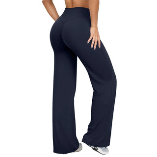 These women's yoga pants feature a comfortable, wide-leg design made from breathable fabric, perfect for various activities. Their versatile style allows for easy pairing with workout 1