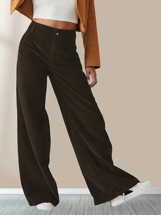 A pair of women's wide corduroy pants in a relaxed style, made from soft, durable fabric, perfect for casual wear and versatile enough to pair 3