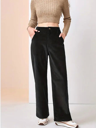 Alt text: A pair of women's wide corduroy trousers in a relaxed and versatile style, made from soft cord fabric, featuring a comfortable fit and 4