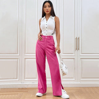 A stylish pair of women's wide-leg trousers made from a soft, breathable fabric, featuring a modern and versatile design suitable for various occasions. 4