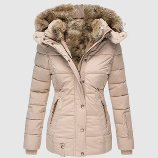 This women's jacket features a stylish hood, crafted from warm, high-quality material, perfect for elegant outings while providing comfort and protection against the elements. 1
