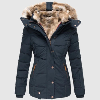 This women's jacket features an elegant and warm design with a stylish hood, crafted from soft, durable material perfect for chilly weather. 2
