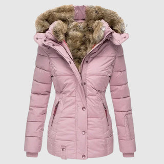 This women's jacket features a stylish hooded design, crafted from warm materials, perfect for elegant winter outings. Its sleek silhouette and chic details make it a 3