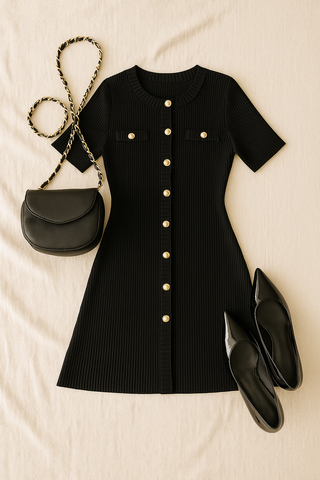 Damen Kleid – Mini-Stil, Knopfleiste, Rippstruktur, Elegant & Komfortabel