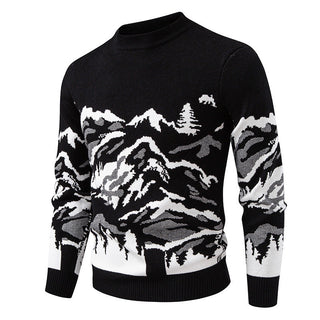 A men's pullover featuring a mountain motif, designed with a high collar for added comfort. Made from soft, durable fabric, this stylish sweater is perfect 6