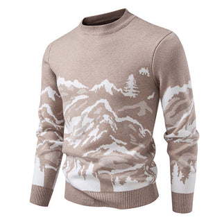 A men's pullover featuring a mountain motif, designed with a high collar for added comfort. Made from soft, durable fabric, this stylish sweater combines warmth 3