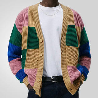 Herren Strickjacke – Buntes Blockmuster, Bequem & Praktisch