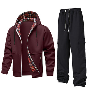 A comfortable and stylish men's leisure suit featuring a relaxed fit and a hood, made from soft material, perfect for casual outings or lounging at home. 0