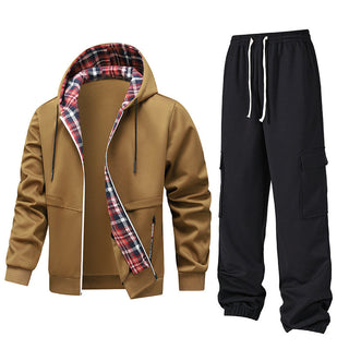 A men's casual tracksuit featuring a comfortable hood, made from soft fabric, designed for a stylish yet relaxed look, perfect for leisure activities. 3