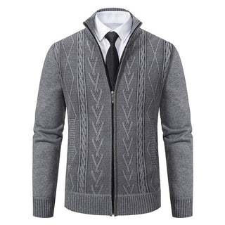 A men's knitted cardigan featuring a textured cable pattern, made from breathable and comfortable material, designed with a stylish zipper closure for a modern look. 0