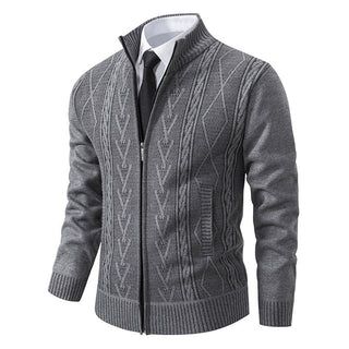 A men's zip-up cardigan featuring a textured cable knit pattern, made from breathable and comfortable material, perfect for layering in casual or smart-casual outfits 2