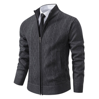 A men's zip-up sweater featuring a classic cable knit pattern, made from breathable and comfortable material, perfect for casual wear or layering in cooler weather. 3