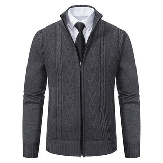 This men's knitted zip-up cardigan features a stylish cable knit pattern, made from breathable and comfortable material, perfect for layering in cooler weather. 7