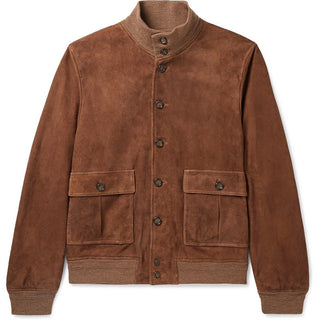 A modern men's suede jacket featuring a standing collar and practical pockets, designed for functionality and style, perfect for casual or semi-formal occasions. 0