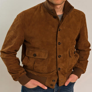 This men's jacket is made of soft suede, featuring a modern design with a stand-up collar and practical pockets, perfect for stylish functionality in any casual setting 2