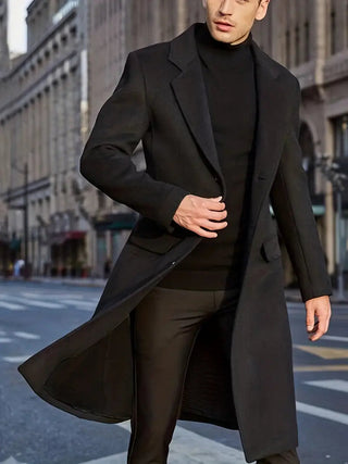 A stylish men's trench coat in classic black, made from water-repellent material, featuring elegant design elements that combine sophistication with practicality for versatile wear. 3