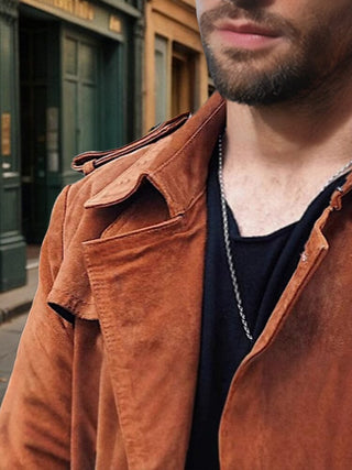 A women's beige trench coat featuring a vintage style, made from comfortable fabric, designed for elegance with a tailored fit and classic double-breasted buttons, 1