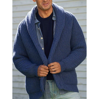 A stylish men's cardigan with a shawl collar, crafted from soft knit material, offering both elegance and comfort, perfect for layering in casual or semi-form 4