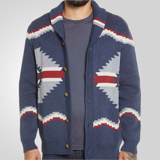 A men's knitted cardigan featuring a modern ethnic design, crafted from soft fabric for a comfortable fit, combining style and warmth for a fashionable look. 1