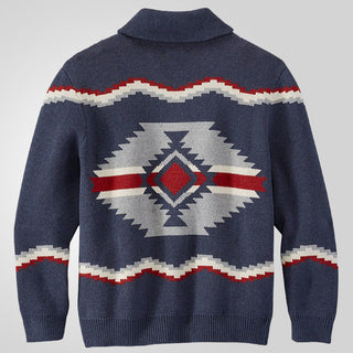 A men's knitted cardigan featuring a modern ethnic design, crafted from soft, cozy material for comfort and style. Its unique patterns and relaxed fit make it a 4