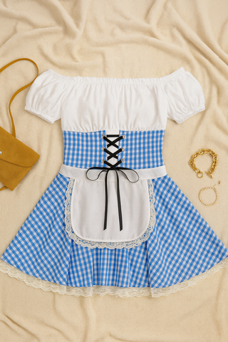 Damen Trachtenkleid – Schulterfrei, Karomuster, Eleganz & Komfort für Oktoberfest