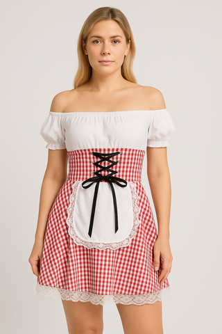 Damen Trachtenkleid – Schulterfrei, Karomuster, Eleganz & Komfort für Oktoberfest