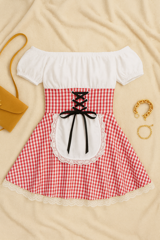 Damen Trachtenkleid – Schulterfrei, Karomuster, Eleganz & Komfort für Oktoberfest