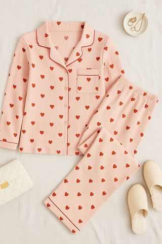 Damen Pyjama-Set – Herzmuster aus Baumwolle, weich & gemütlich