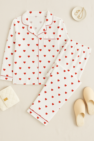 Damen Pyjama-Set – Herzmuster aus Baumwolle, weich & gemütlich