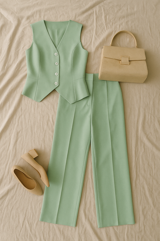Damen Set – Ärmelloses V-Ausschnitt-Weste & Hose, elegant & modern