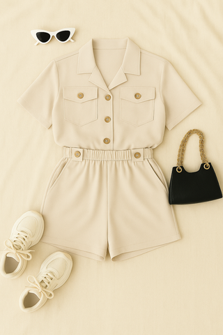 Damen Einteiler – Hemd-Romper mit Brusttasche, lässig & modern