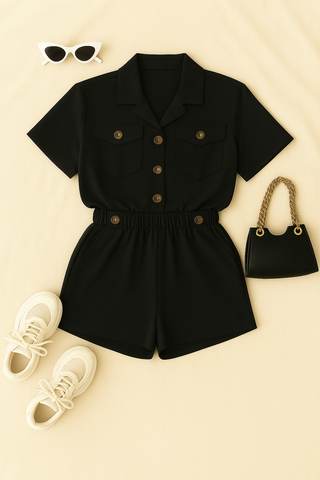 Damen Einteiler – Hemd-Romper mit Brusttasche, lässig & modern