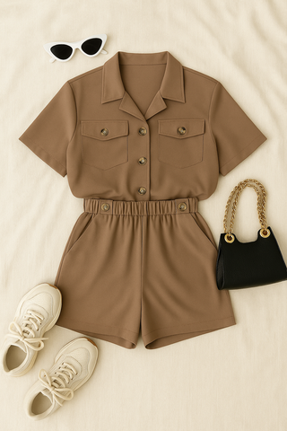 Damen Einteiler – Hemd-Romper mit Brusttasche, lässig & modern