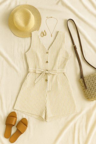 Damen Jumpsuit – Gestreift mit V-Ausschnitt, ärmellos & lässig