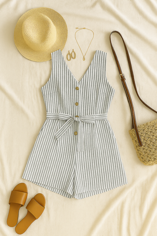 Damen Jumpsuit – Gestreift mit V-Ausschnitt, ärmellos & lässig